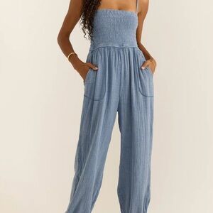 Z Supply Blue Wide-Leg Jumpsuit with Elastic Waist
